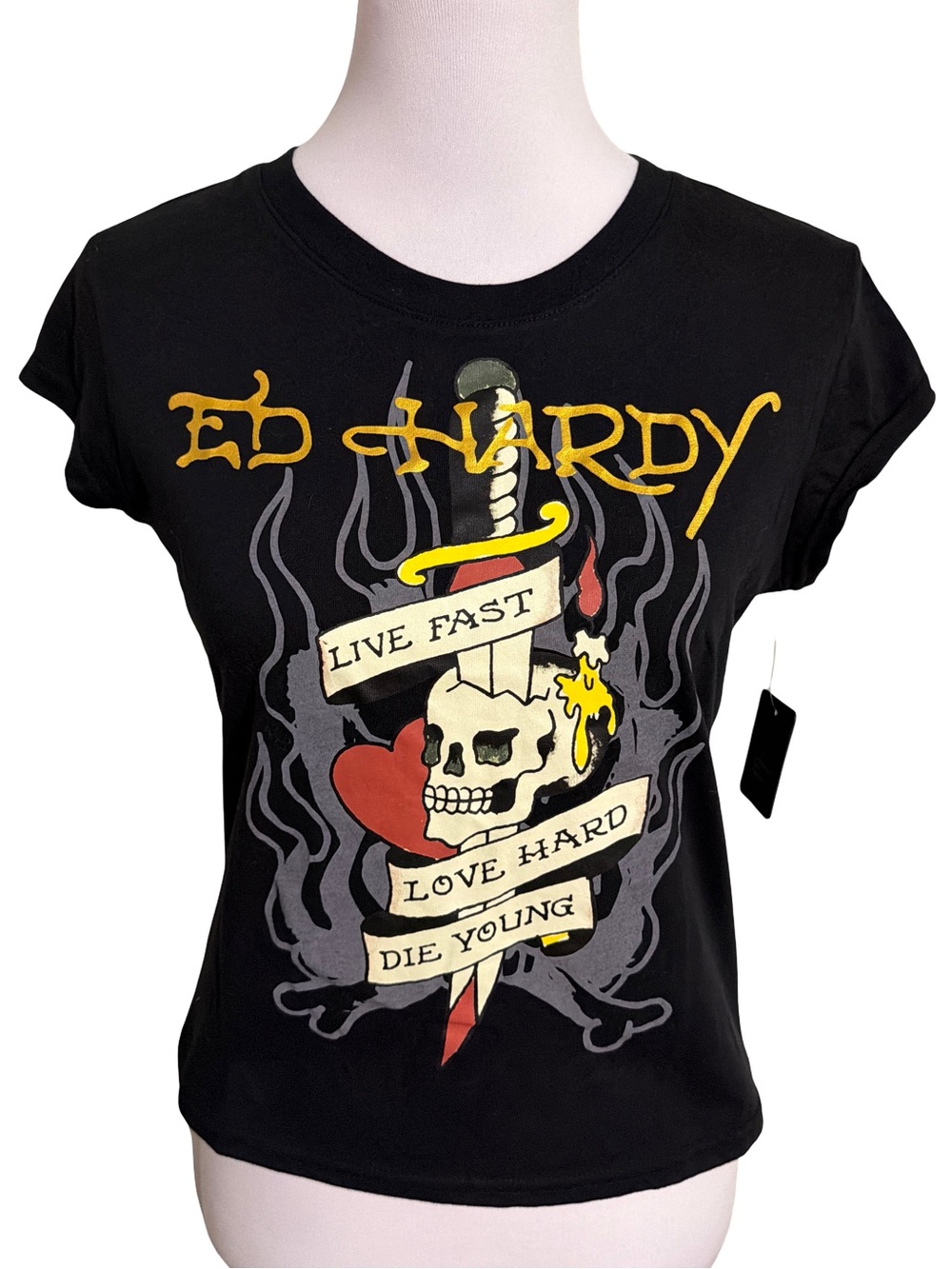 Ed Hardy Black Short-Sleeve Graphic Tee with Red Heart and Yellow Accents